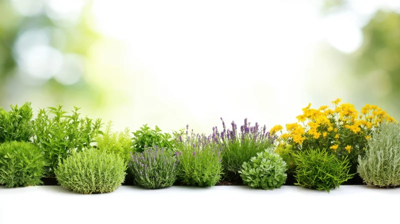 Row of fresh culinary herbs arranged in a line on a white surface with blurred green background