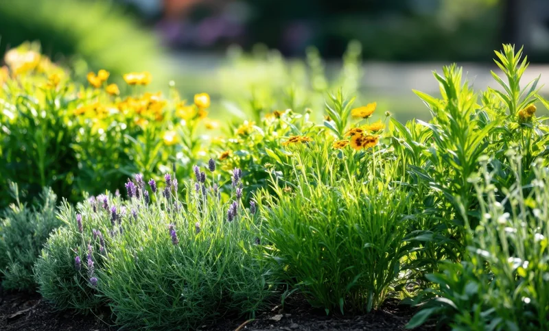 Lavender and yellow flowers blooming in a garden bed under sunlight