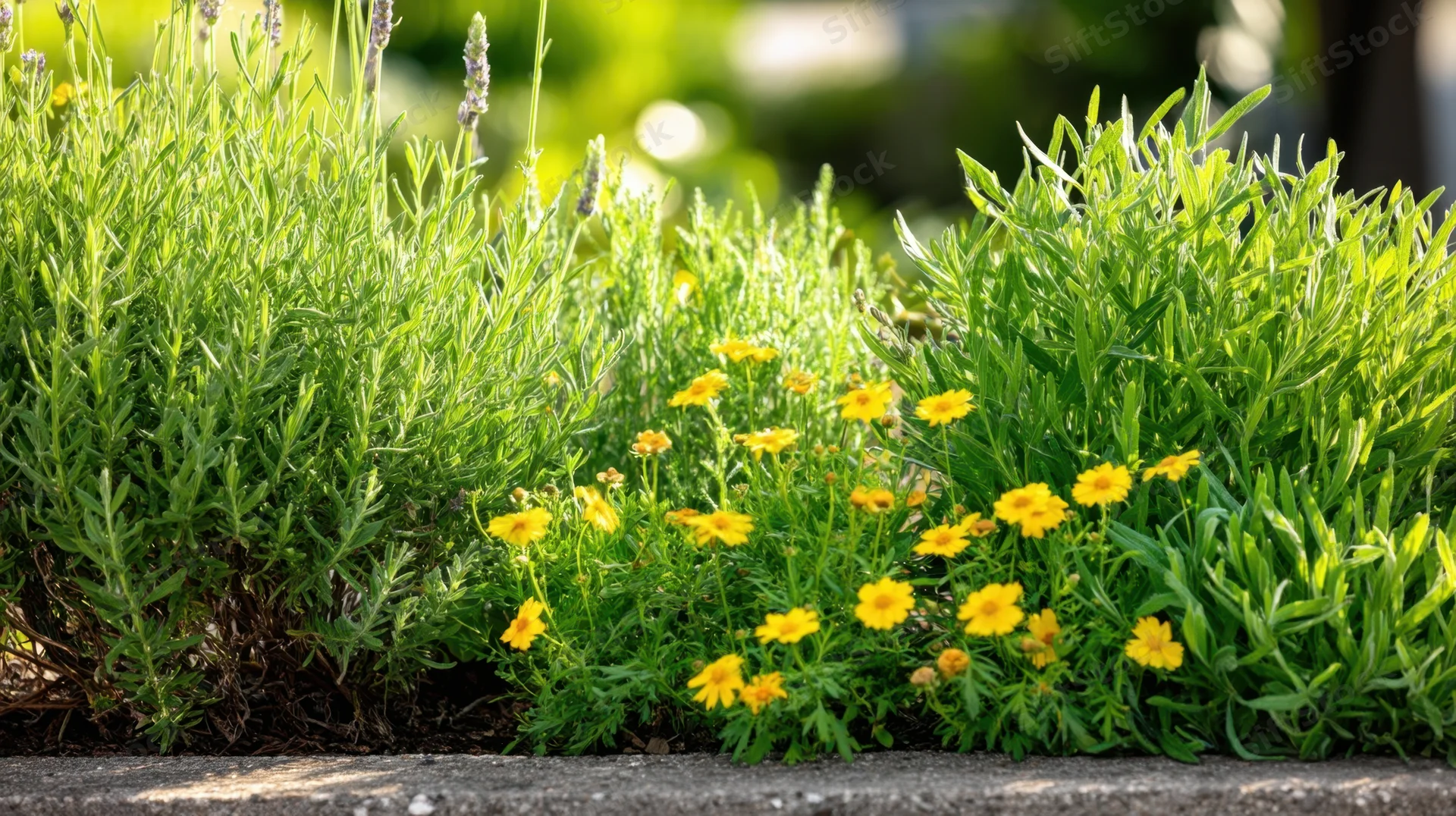 Yellow marigolds and green lavender plants growing in a garden border along a concrete path