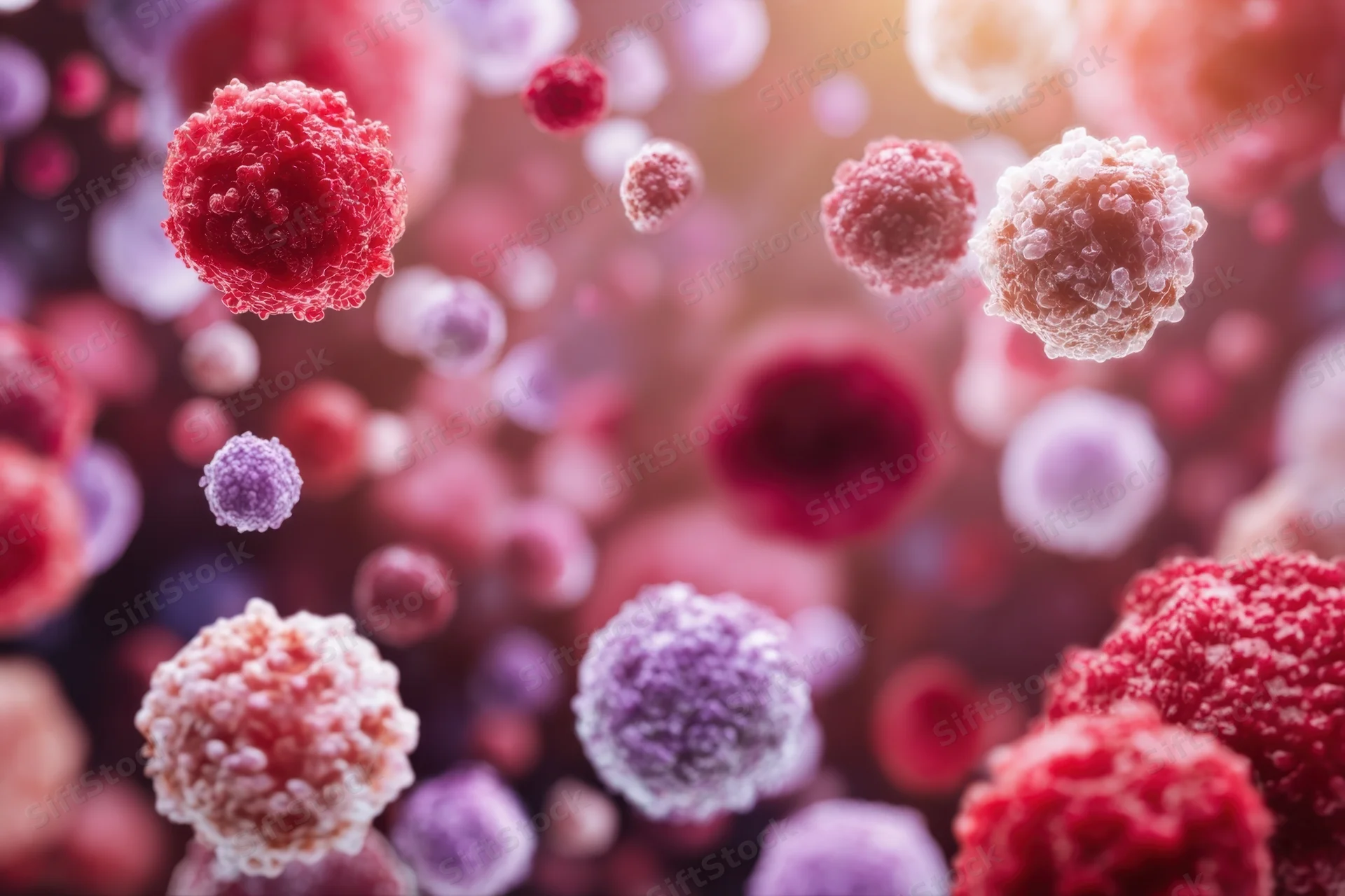 Microscopic view of floating immune cells in vibrant colors