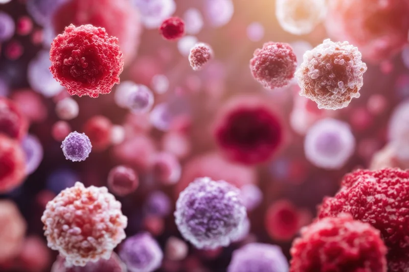 Microscopic view of floating immune cells in vibrant colors