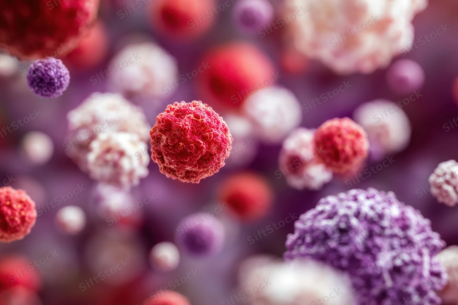 Microscopic view of colorful cells floating in a fluid environment