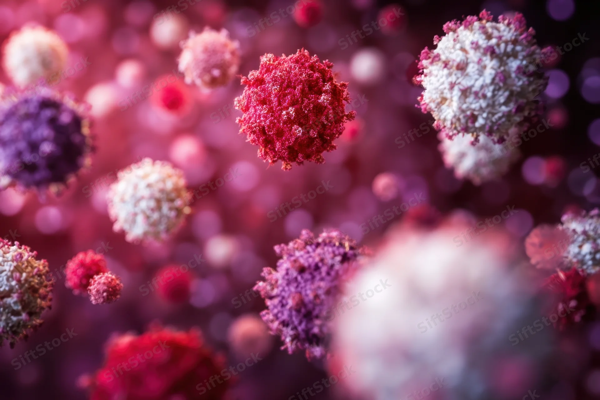 Virus particles floating in a colorful abstract environment with blurred background