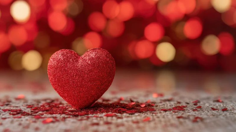 Red glitter heart on textured surface with bokeh lights in background