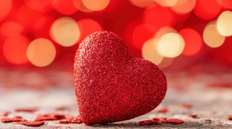 Red glitter heart on textured surface with blurred festive lights in background