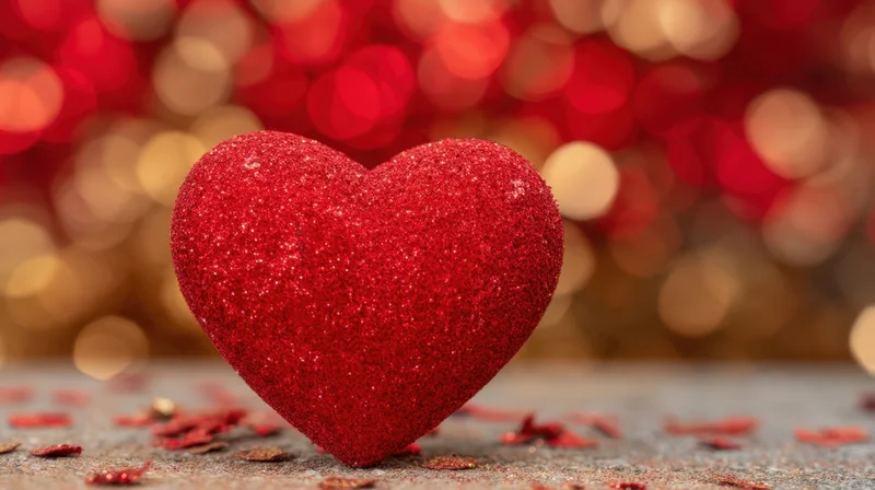 Red glitter heart on textured surface with bokeh lights in background