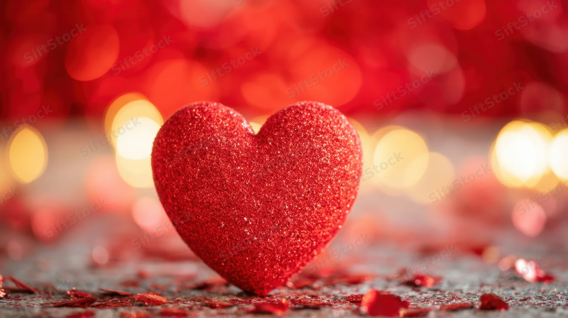 Red glitter heart on textured surface with scattered confetti and blurred festive lights in background