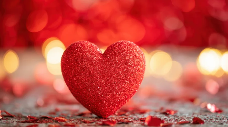 Red glitter heart on textured surface with scattered confetti and blurred festive lights in background