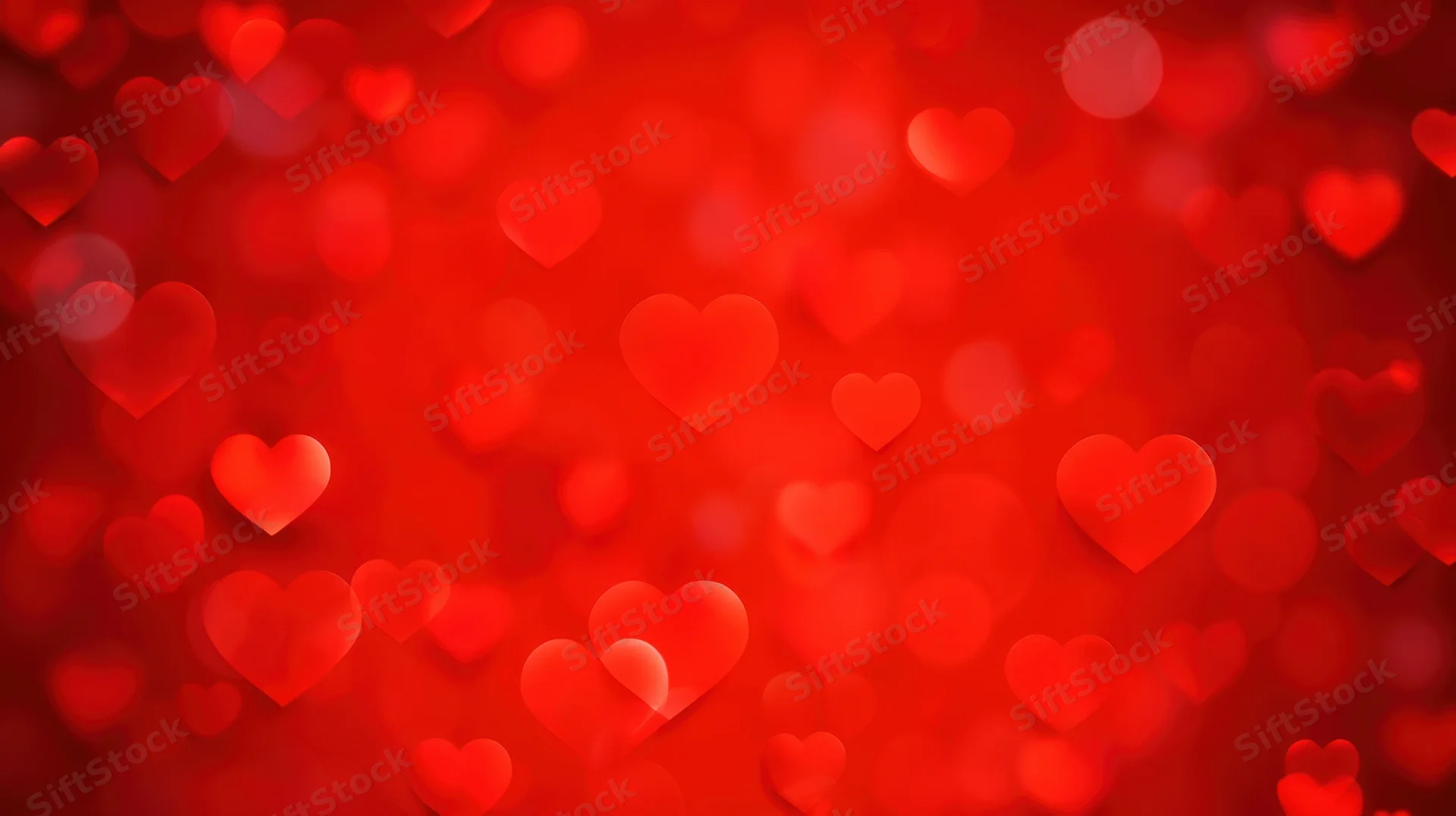 Red heart shapes floating in soft bokeh light as a romantic background