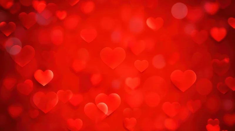 Red heart shapes floating in soft bokeh light as a romantic background