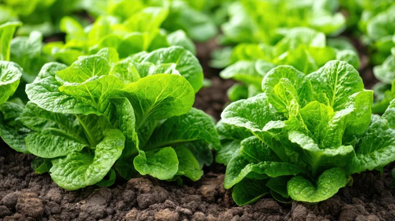 Rows of fresh green lettuce growing in dark soil in a garden