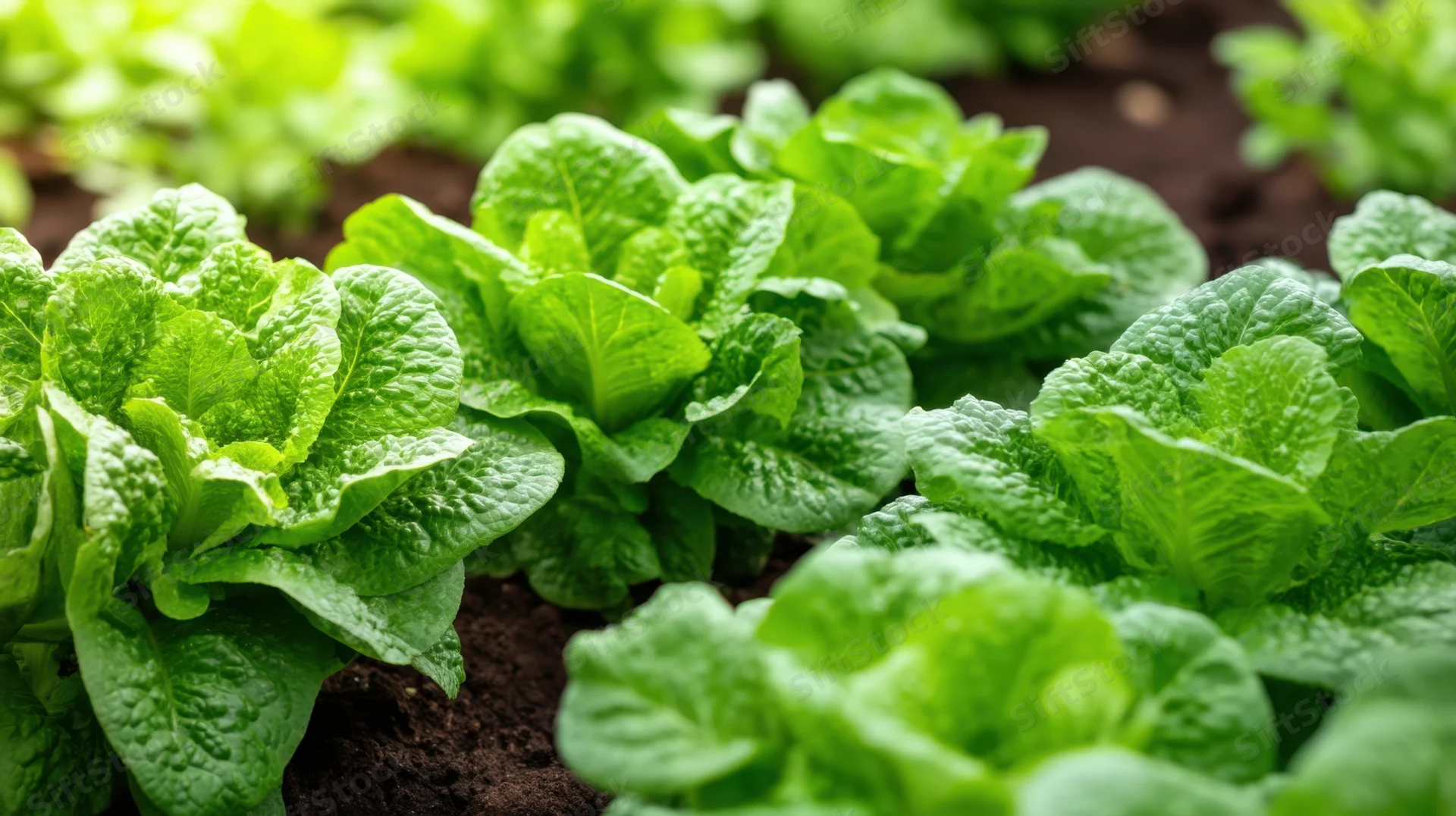 Rows of fresh green lettuce growing in dark soil in a garden