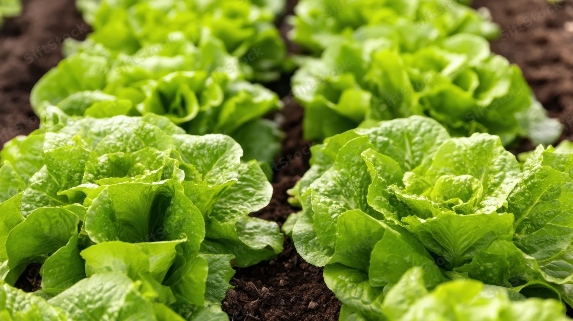 Rows of fresh green lettuce growing in soil in a garden bed