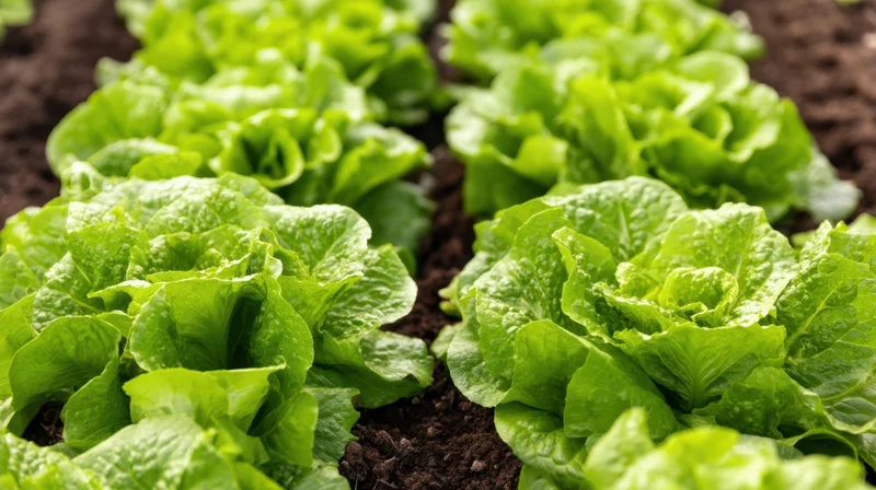 Rows of fresh green lettuce growing in soil in a garden bed