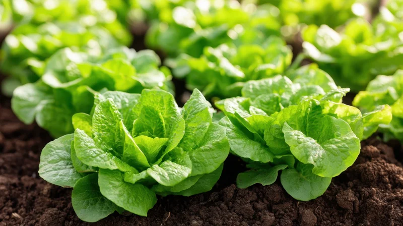 Rows of fresh green lettuce growing in dark soil in a garden