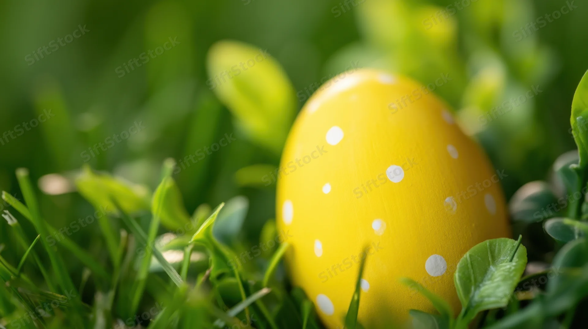 Yellow polka-dotted easter egg nestled in green grass