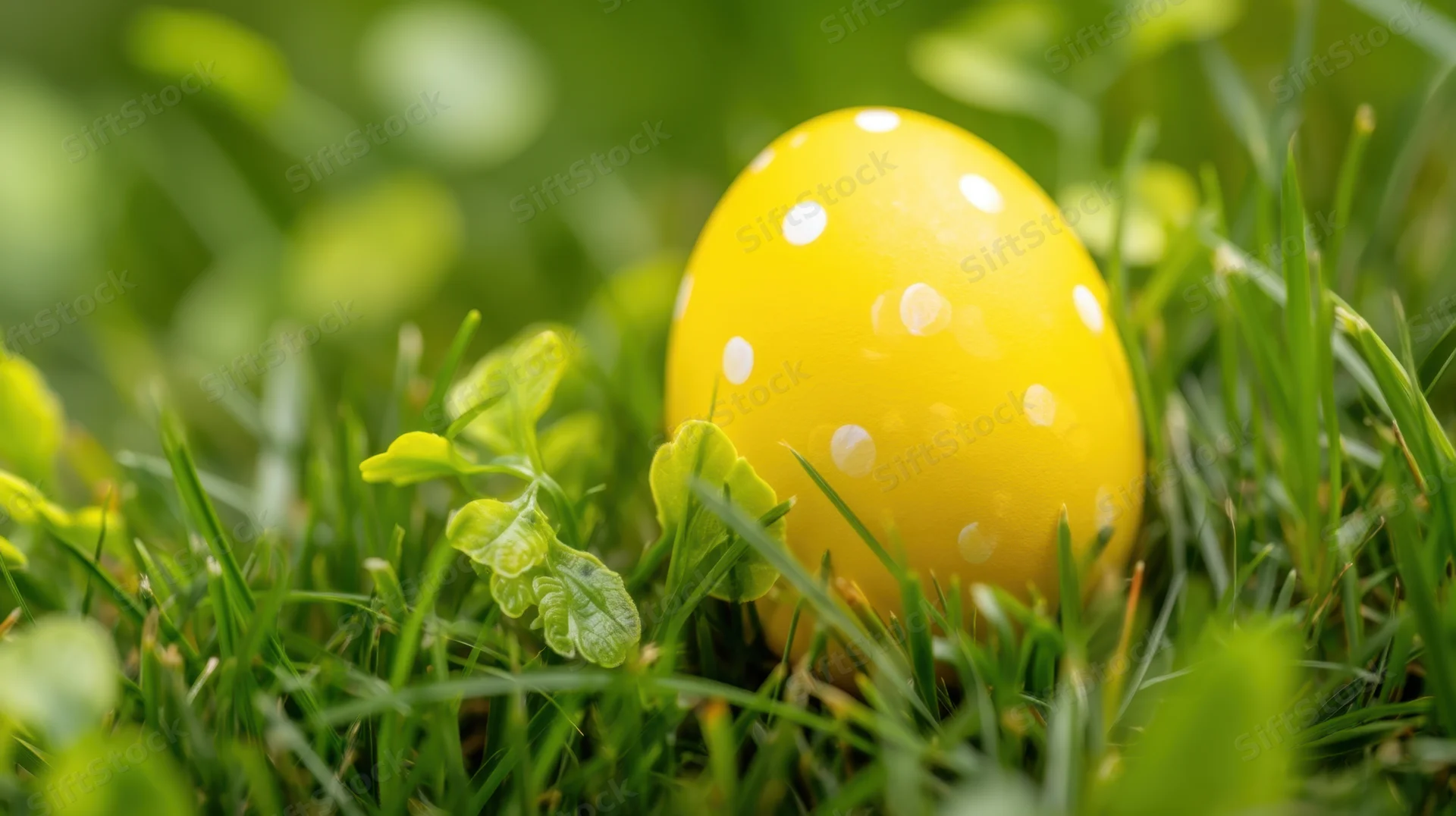 Yellow polka-dotted easter egg nestled in green grass