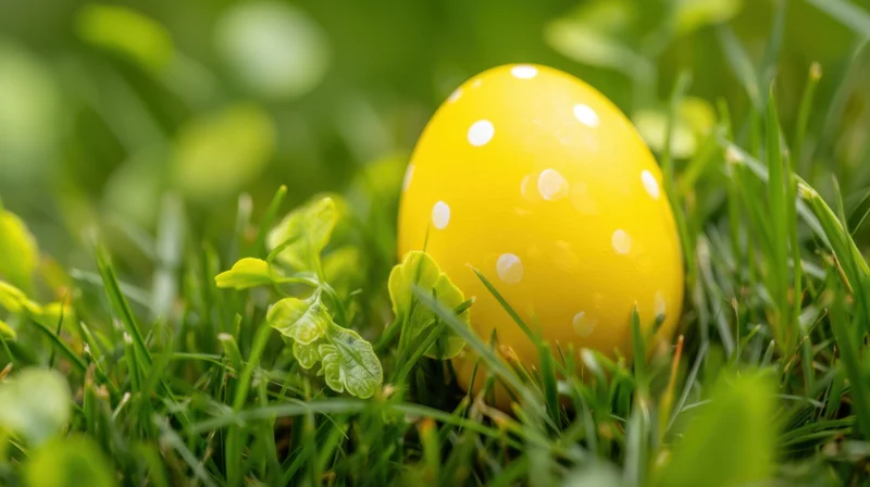 Yellow polka-dotted easter egg nestled in green grass