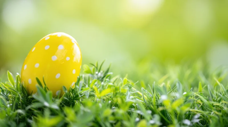 Yellow polka-dotted easter egg nestled in green grass under bright daylight