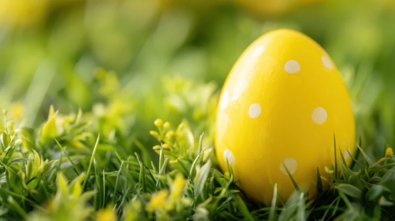 Yellow polka-dotted easter egg resting in green grass with small yellow flowers