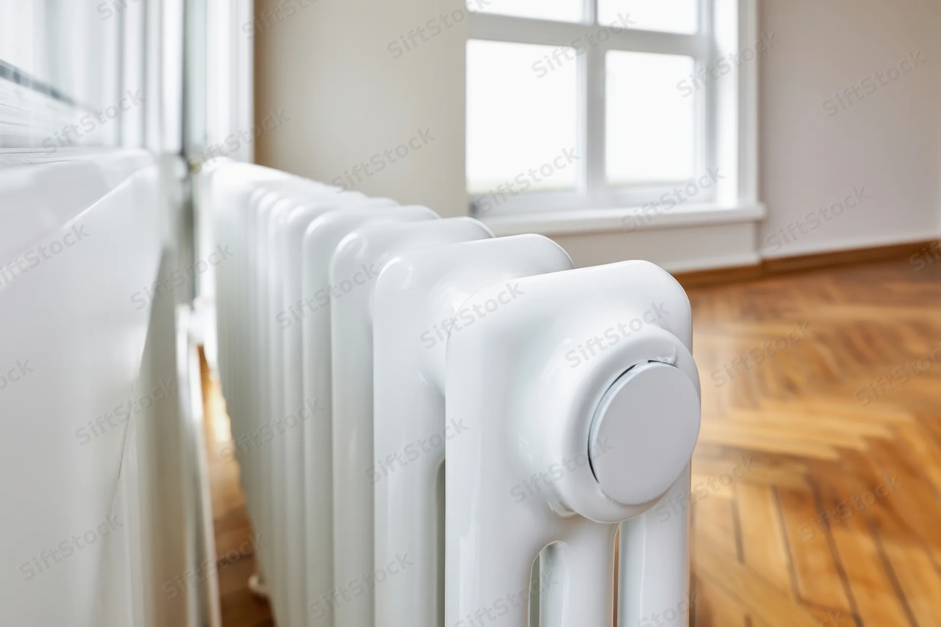 White vintage-style radiator with control valve in a bright room with wooden parquet floor and window