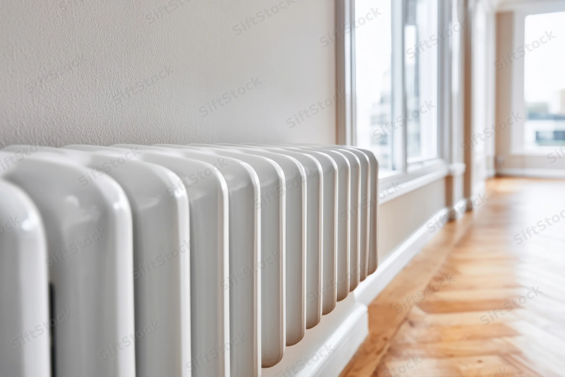 White radiator along a wooden floor in a bright modern apartment interior