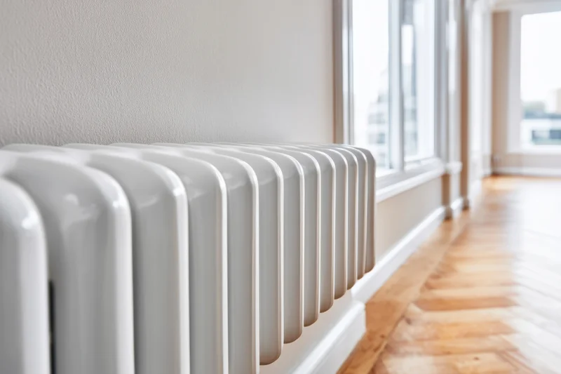 White radiator along a wooden floor in a bright modern apartment interior