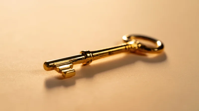 Vintage gold key lying on a warm beige surface with soft lighting and copy space