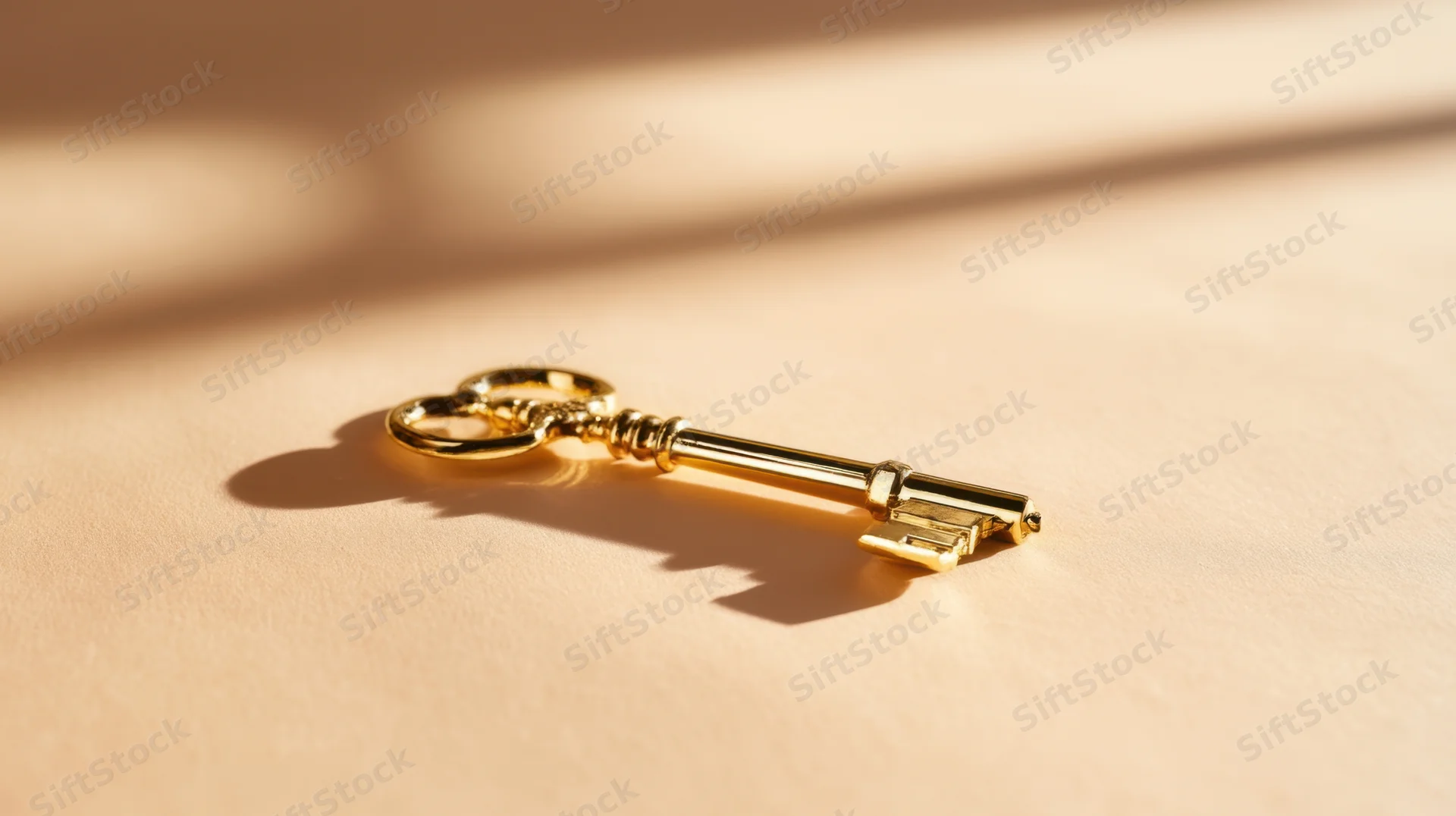 Vintage golden key lying on a beige surface with soft shadows and warm light