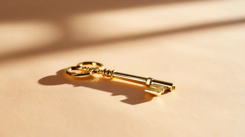 Vintage golden key lying on a beige surface with soft shadows and warm light