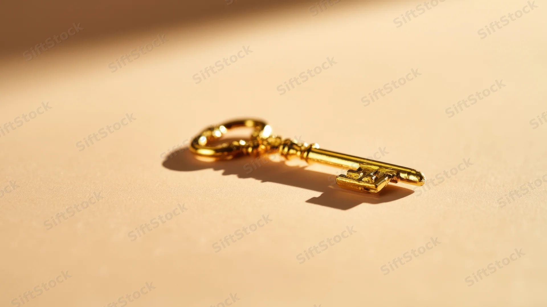 Vintage golden key resting on a beige surface with soft lighting and shadow