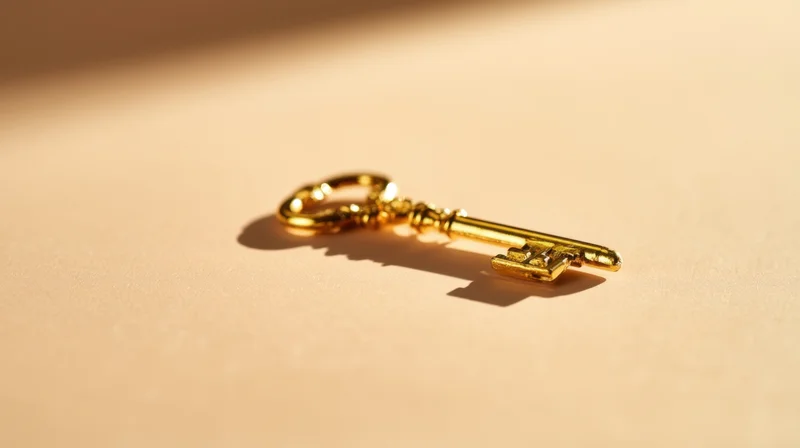 Vintage golden key resting on a beige surface with soft lighting and shadow