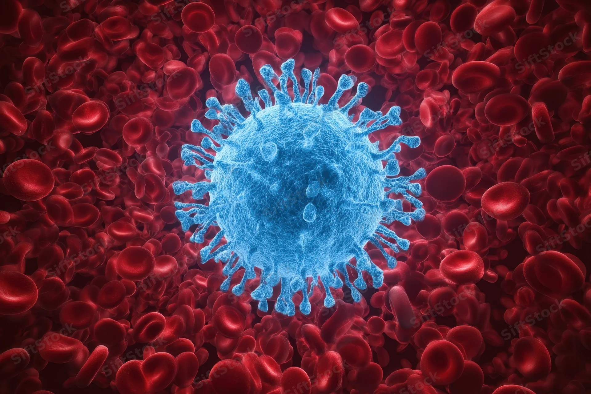 Blue virus cell with spike proteins surrounded by red blood cells