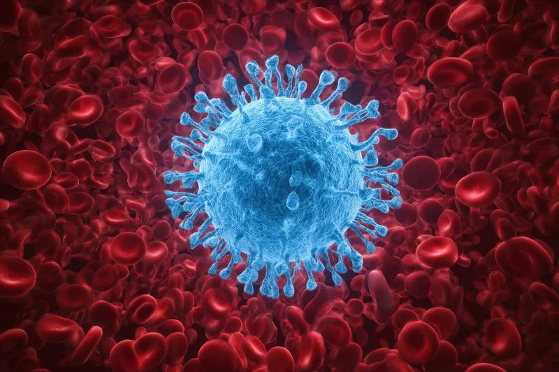Blue virus cell with spike proteins surrounded by red blood cells