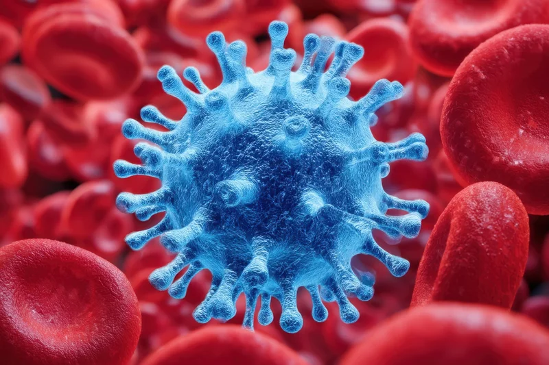 Blue virus particle surrounded by red blood cells in a microscopic view
