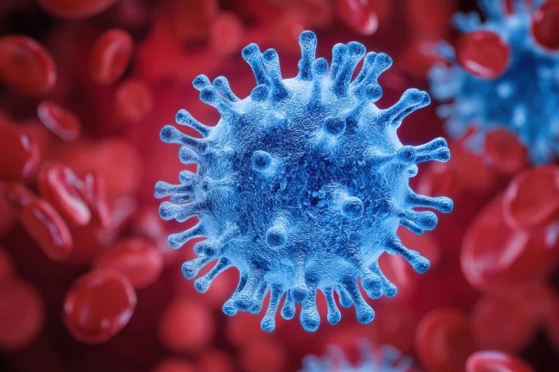 Blue virus cell with spike proteins floating among red blood cells in a microscopic view