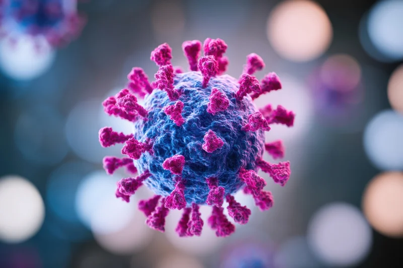 Blue and purple virus particle with pink spike proteins floating against a blurred bokeh background