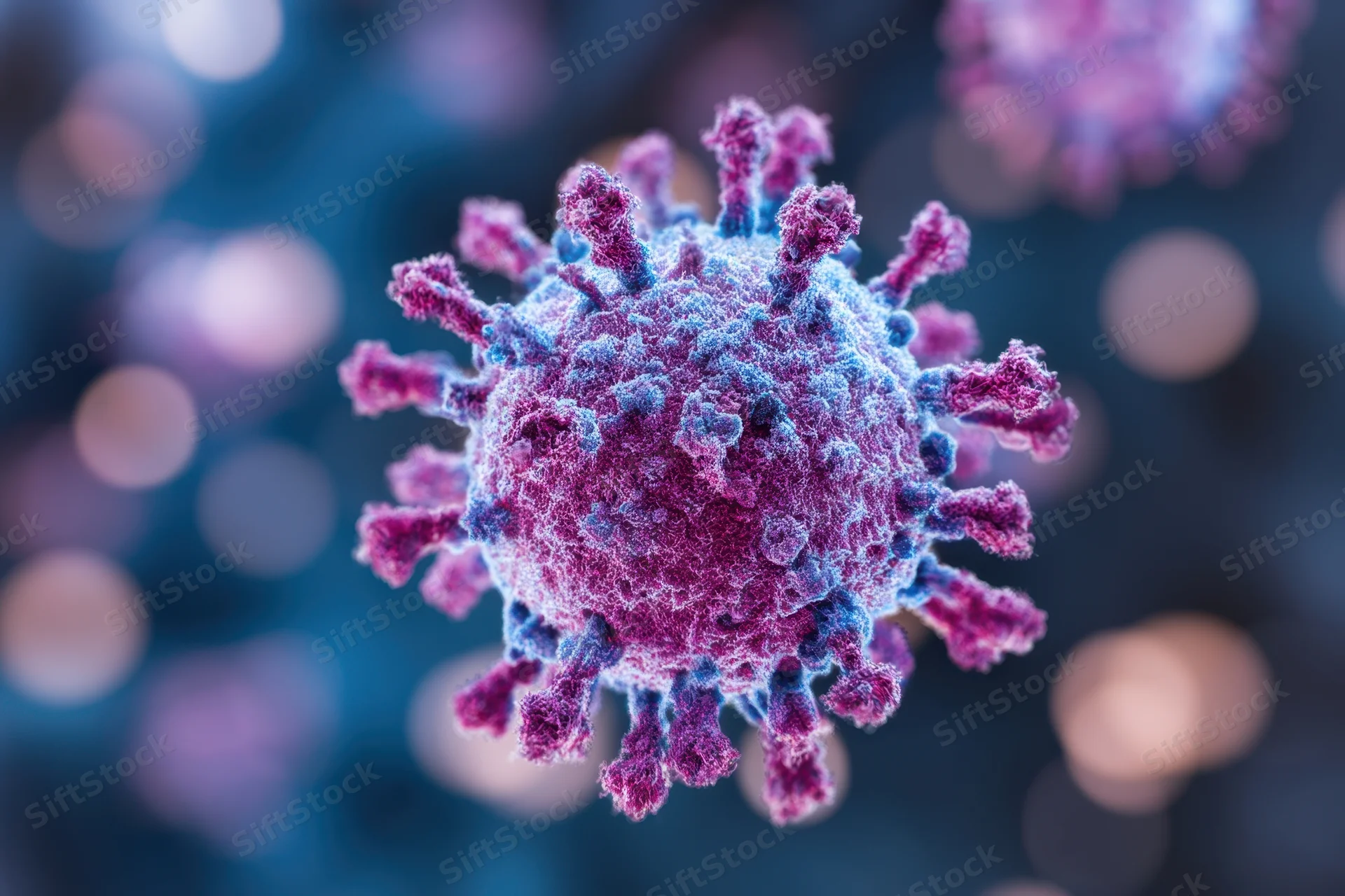 A coronavirus particle with spike proteins floating against a blurred blue background