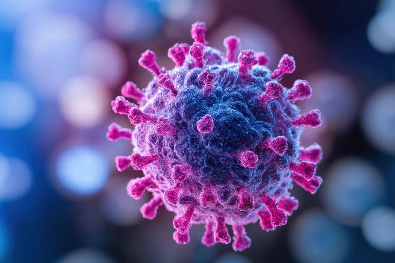 A virus particle with pink spike proteins on a blue blurred background