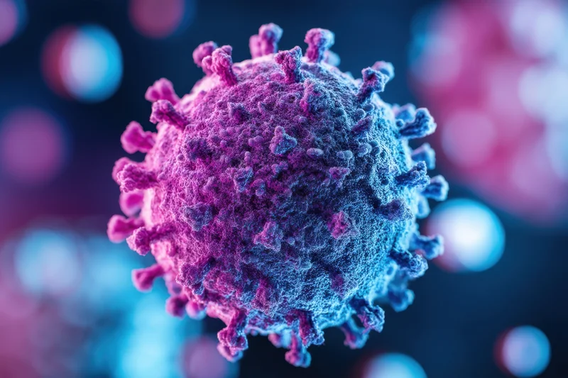 A virus particle with spike proteins shown in blue and purple against a blurred background