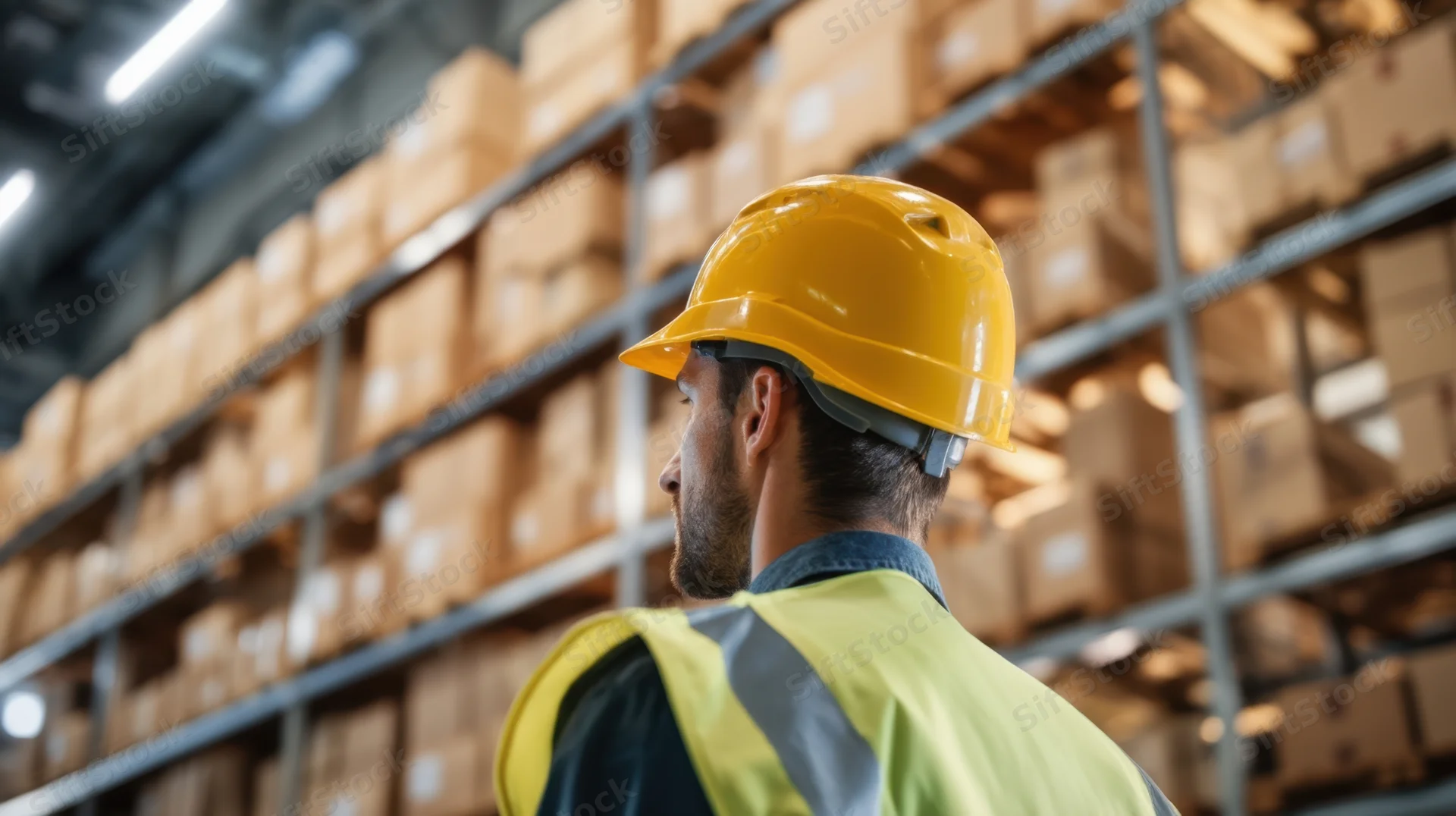 Man in yellow safety helmet and reflective vest standing in warehouse with shelves of boxes behind him