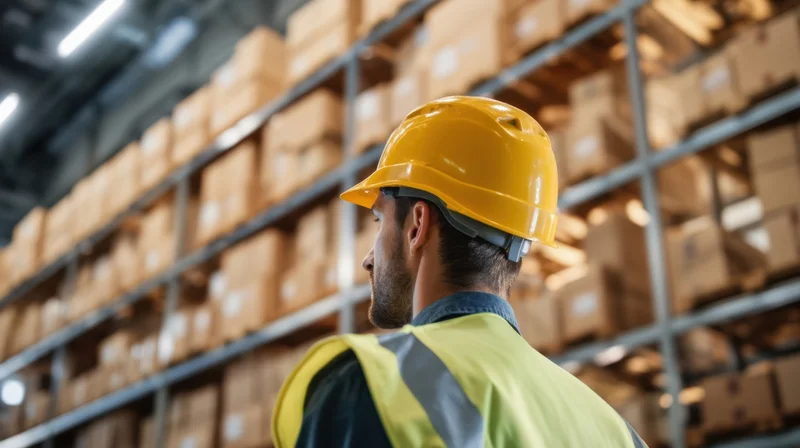 Man in yellow safety helmet and reflective vest standing in warehouse with shelves of boxes behind him
