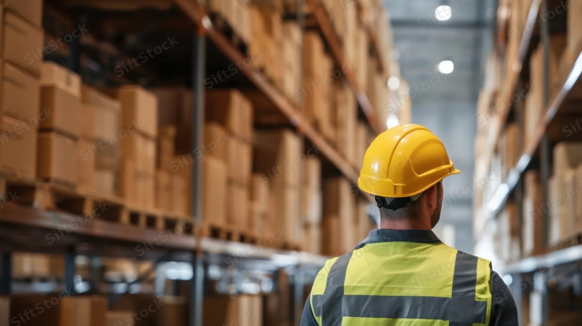 Worker in yellow helmet and high-visibility vest walking through warehouse aisles lined with stacked boxes on metal shelving