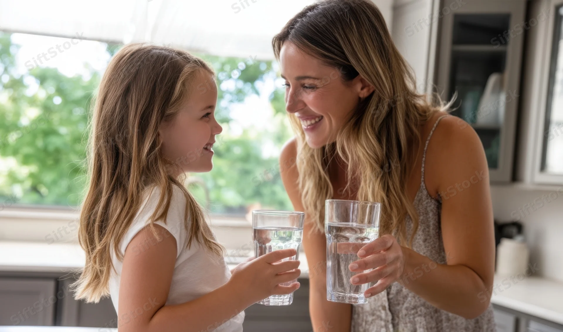 Mother and daughter smiling at each other while holding glasses of water in a kitchen