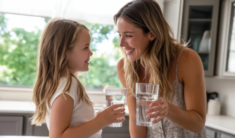 The mother and daughter share a refreshing moment holding glasses of water in the kitchen
