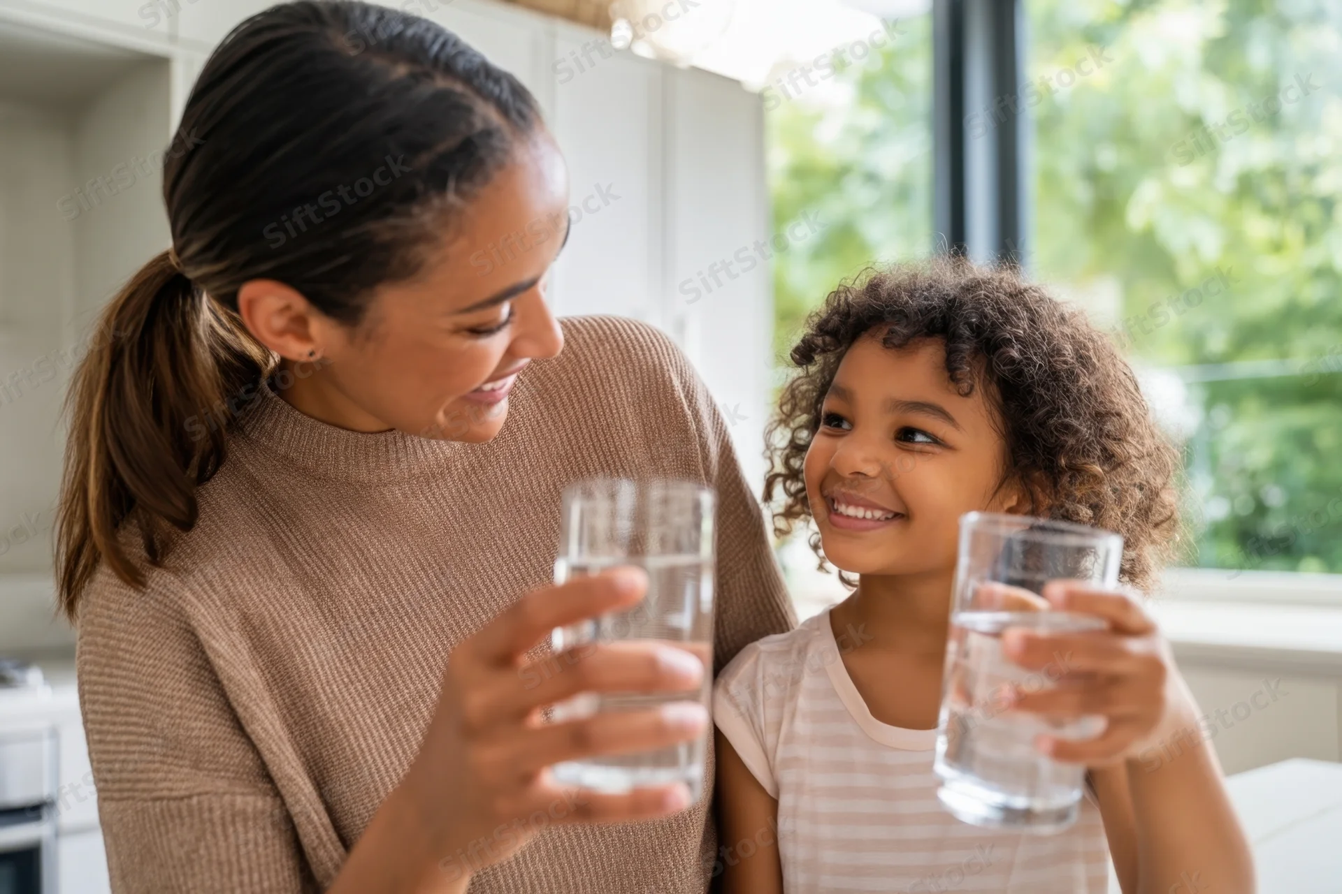 Mother and daughter smiling while holding glasses of water in a bright kitchen