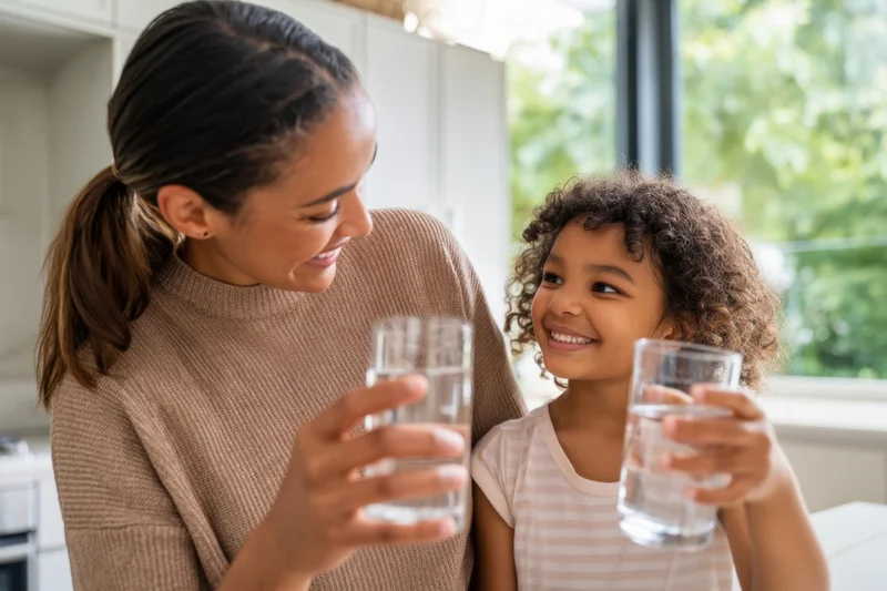 Mother and daughter smiling while holding glasses of water in a bright kitchen