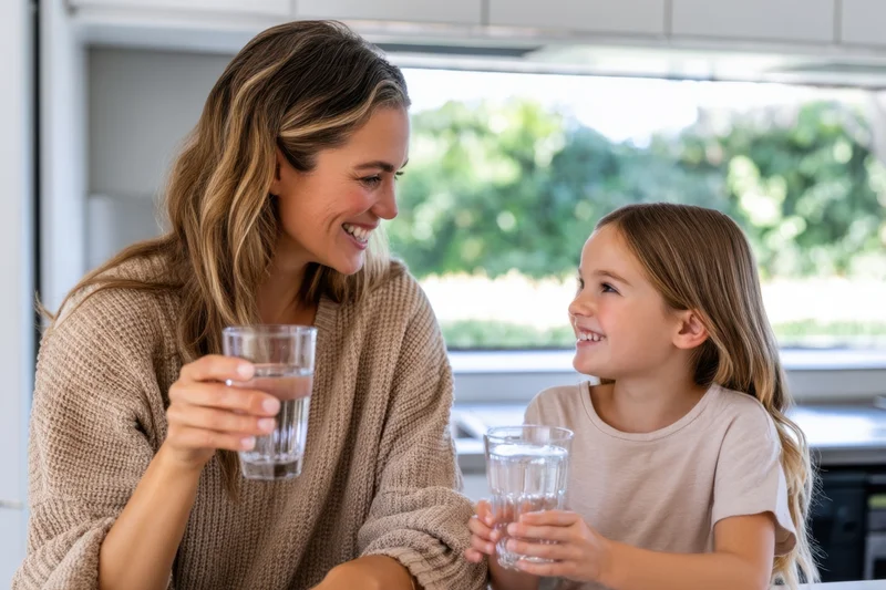 Mother and daughter smiling while drinking water together in kitchen