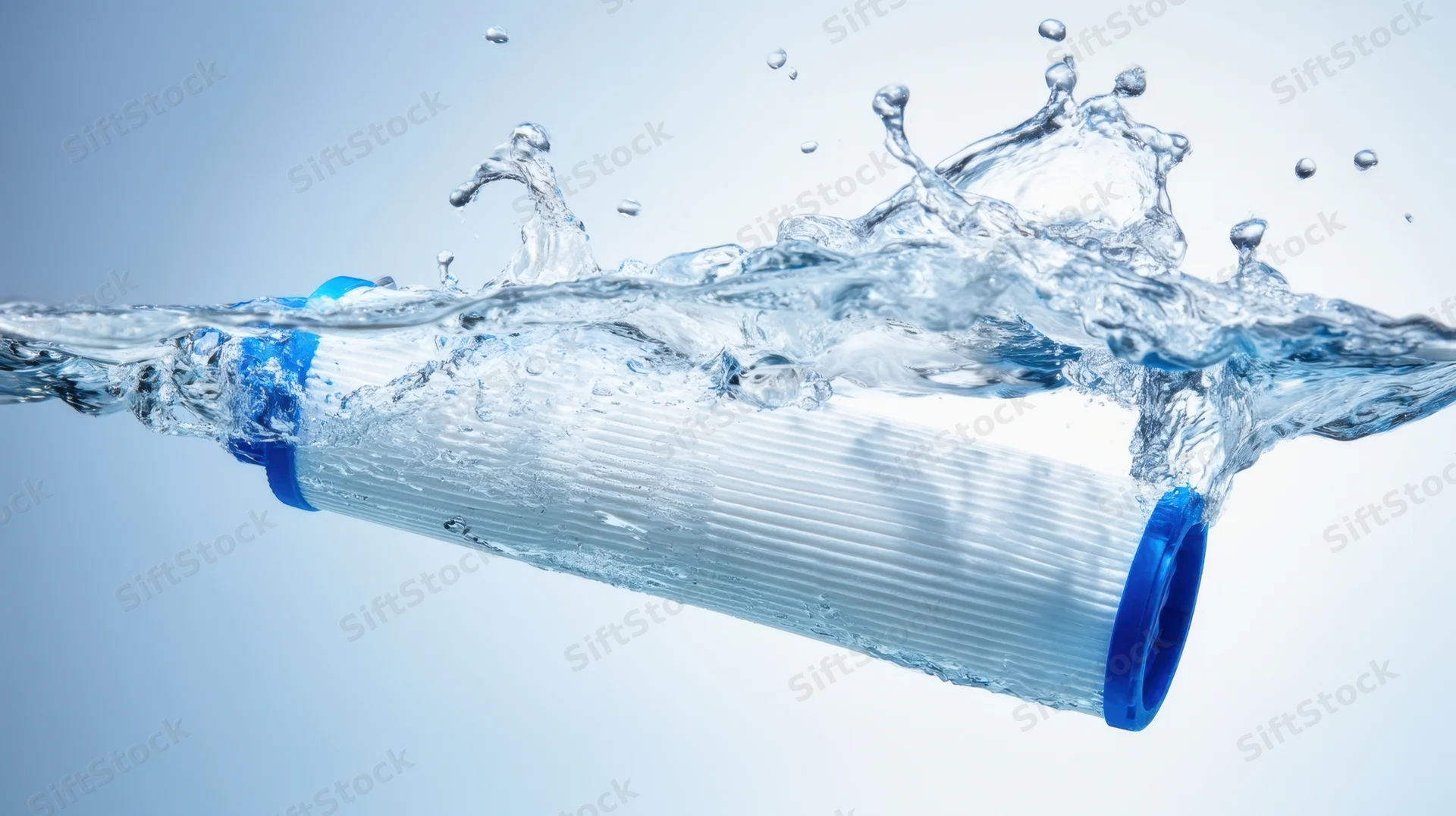 Water filter cartridge submerged in splashing water against a light blue gradient background