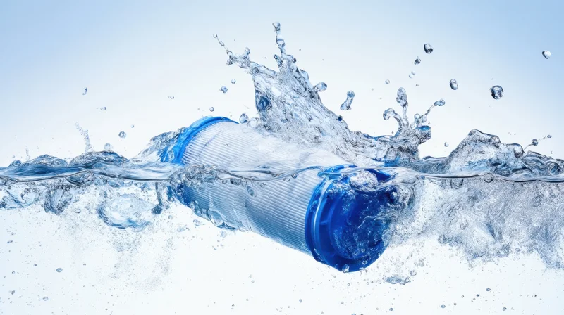 Plastic water bottle submerged in splashing water against white background